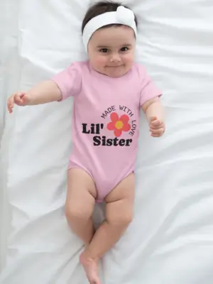 Made with Love Lil' Sister Baby Onesie | floral logo Baby Bodysuit
