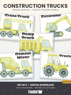 Construction Trucks Wall Art Set of 5, Nursery Printable Decor for Boys Room, Instant Digital Download, Truck Poster Bundle