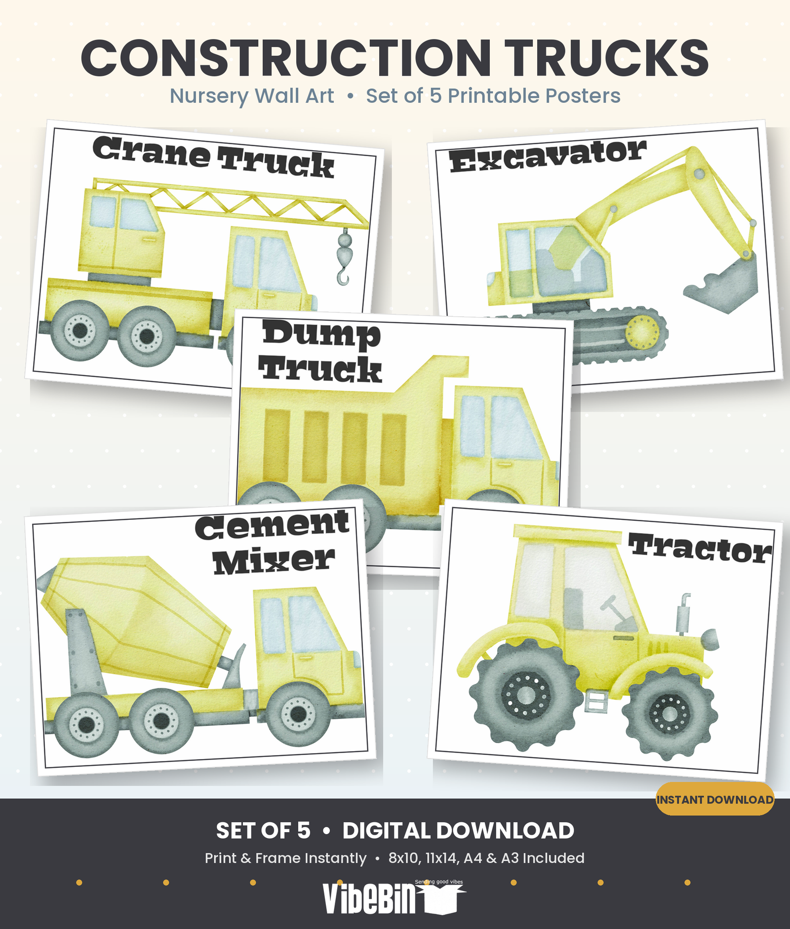 Construction Trucks Wall Art Set of 5, Nursery Printable Decor for Boys Room, Instant Digital Download, Truck Poster Bundle